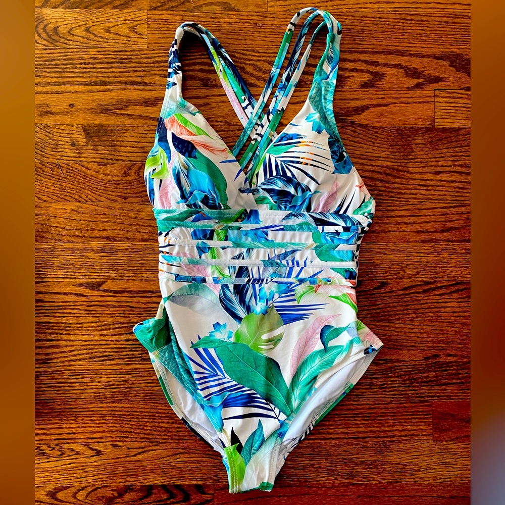 Multistrap crossback one piece swimsuit in tropical palm. Gently worn no defects